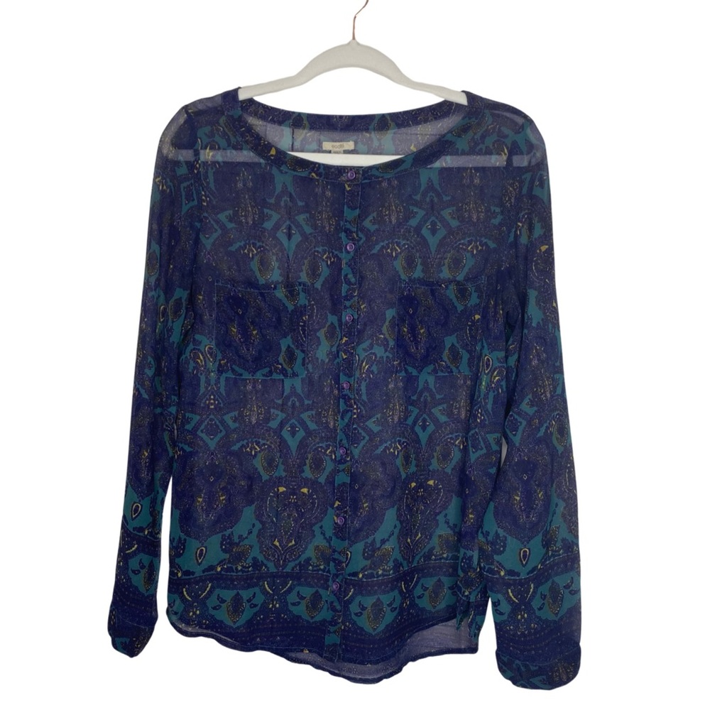 Ecote Sheer Blue Green Paisley Mandala Print Long Sleeve Top Size Medium